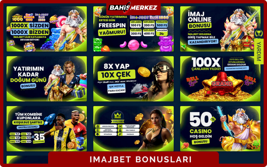 Imajbet bonuslar sayfası üst kısımda genel kampanya bannerları alt kısımda detaylı bonus listesi ile