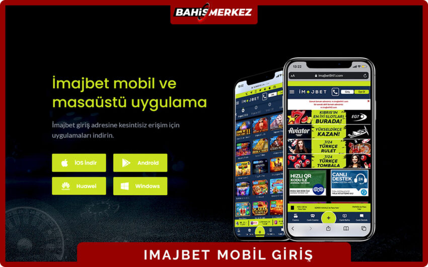 Imajbet mobil kullanım avantajlarını listeleyen bilgilendirme alanı ve indirme butonları