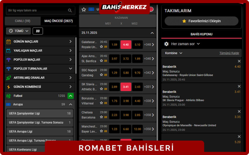 Romabet giriş sayfası favori liglerin sabitlendiği sol menü görünümü