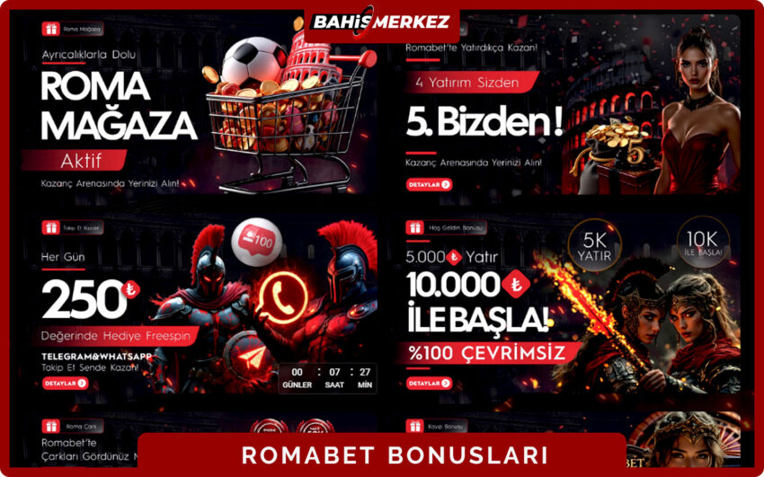 Romabet bonuslar sayfası üst kısımda genel kampanya bannerları alt kısımda detaylı bonus listesi ile