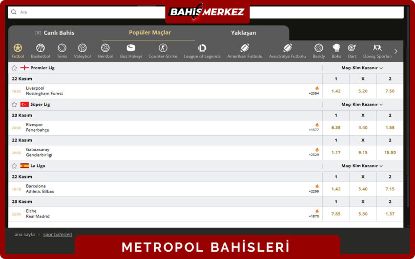 CasinoMetropol bahis sayfası üst bölümde lig filtreleri ve altında maç listesi bulunan tasarım