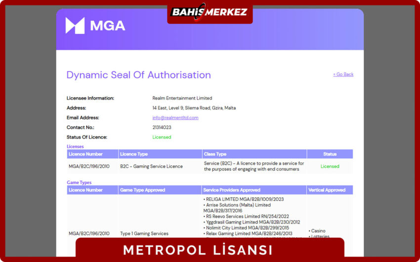 CasinoMetropol lisans sayfası şirket bilgileri ve yasal uyarıların gösterildiği ekran görüntüsü