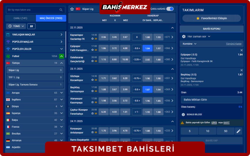 Taksimbet bahis ekranı tek maç ve kombine bahis seçeneklerinin gösterildiği görünüm